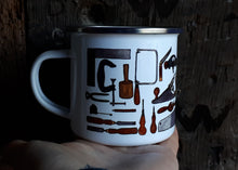 Load image into Gallery viewer, Carpentry Cup by Alice Draws the Line, Traditional woodworking tools on an enamel mug