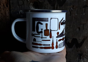 Carpentry Cup by Alice Draws the Line, Traditional woodworking tools on an enamel mug