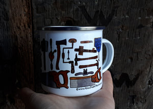 Carpentry Cup by Alice Draws the Line, Traditional woodworking tools on an enamel mug