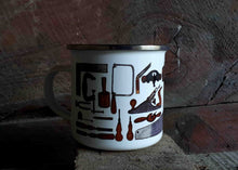 Load image into Gallery viewer, Carpentry Cup by Alice Draws the Line, Traditional woodworking tools on an enamel mug