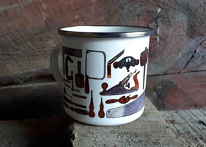 Carpentry Cup by Alice Draws the Line, Traditional woodworking tools on an enamel mug