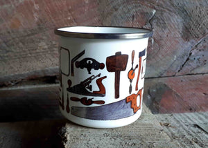 Carpentry Cup by Alice Draws the Line, Traditional woodworking tools on an enamel mug