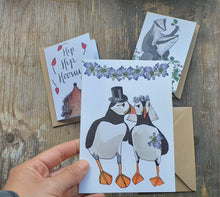 Load image into Gallery viewer, Puffin wedding card, set of three character cards by Alice Draws The Line