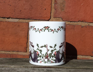Christmas Badgers China Mug, Badgers with holly, ivy and mistletoe illustrations by Alice Draws The Line