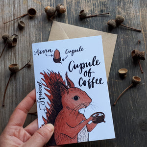 Coffee lovers card by Alice Draws the Line squirrel drinking coffee