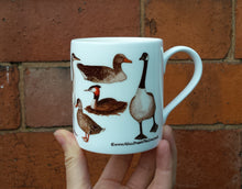 Load image into Gallery viewer, Ducks mug by Alice Draws the Line, a range of pond visitors on a China mug