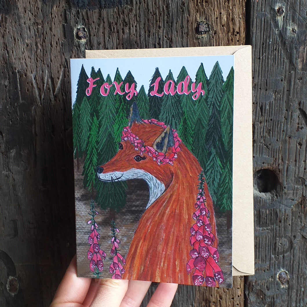 Foxy Lady greeting card by Alice Draws the Line, blank inside, Fox and Foxgloves