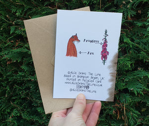 Foxy Lady greeting card by Alice Draws the Line, blank inside, Fox and Foxgloves