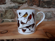 Load image into Gallery viewer, Garden birds China mug by Alice Draws The line including a blackbird, robin, woodpecker, magpie, wren, blue tit