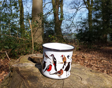 Load image into Gallery viewer, Garden birds enamel mug by Alice Draws The Line, UK garden birds, picnic mug, camping mug, birding mug, garden mug,