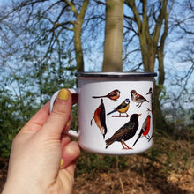 Load image into Gallery viewer, Garden birds enamel mug by Alice Draws The Line, UK garden birds, picnic mug, camping mug, birdwatching mug, garden mug,