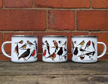 Load image into Gallery viewer, Garden birds enamel mug by Alice Draws The Line, UK garden birds, picnic mug, camping mug, twitcher mug, garden mug,