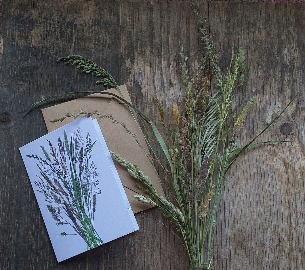 Grasses Greeting card by Alice Draws The Line, a bouquet of meadow gasses printed on recycled card