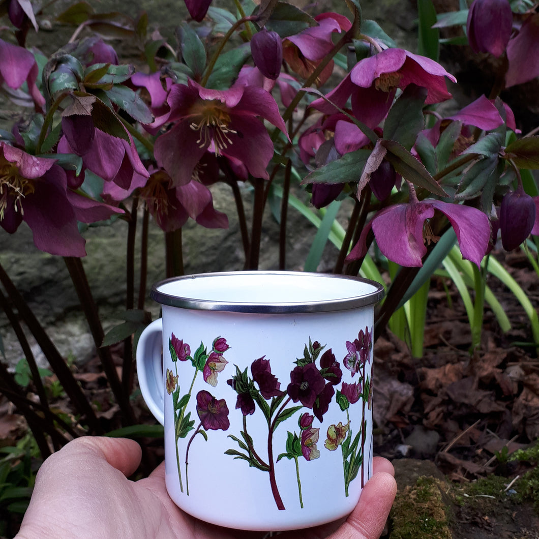 Seasonal Special edition enamel mug by Alice Draws the line, Hellebore mug, hellebores enamel mug