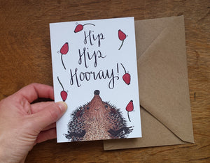 Hip Hip Hooray card by Alice Draws The Line, Hedgehog juggling rosehips card