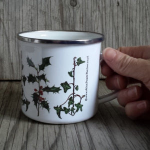 Holly and Ivy enamel mug by Alice Draws The Line, Christmas cup