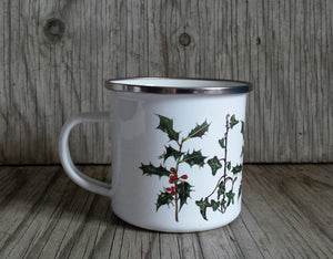 Holly and Ivy enamel mug by Alice Draws The Line, Christmas cup