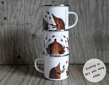 Load image into Gallery viewer, Hedgehogs Juggling Rosehips enamel mug by Alice Draws the Line