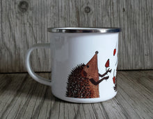 Load image into Gallery viewer, Hedgehogs Juggling Rosehips Enamel Mug