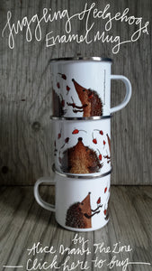 Hedgehogs Juggling Rosehips enamel mug by Alice Draws the Line