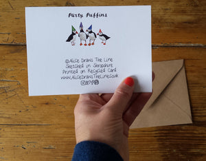 Party Puffins Greeting card by Alice Draws The Line, puffins in rainbow party hats, blank inside and printed on recycled card