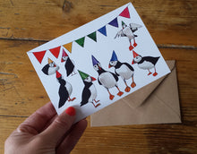 Load image into Gallery viewer, Party Puffins Greeting card by Alice Draws The Line, puffins in rainbow party hats, blank inside and printed on recycled card