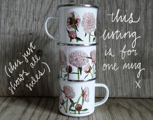 Peony mug by Alice Draws the Line, Enamel mug with illustrations of pink peonies