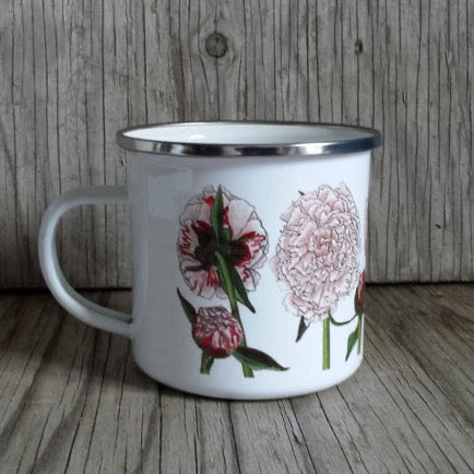 Peonies mug by Alice Draws The Line, enamel mug, flower garden, cut flowers