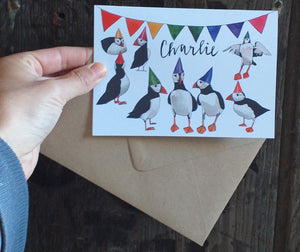 Personalised Puffin greeting card by Alice Draws The Line, Hand lettered, personalised card