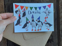 Load image into Gallery viewer, Personalised Puffin greeting card by Alice Draws The Line, Hand lettered, personalised card