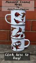 Load image into Gallery viewer, Pheasants enamel mug by Alice Draws The Line, cock pheasants and hen pheasant in different poses.