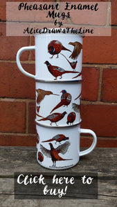 Pheasants enamel mug by Alice Draws The Line, cock pheasants and hen pheasant in different poses.