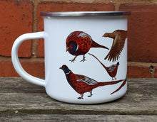 Load image into Gallery viewer, Pheasants enamel mug by Alice Draws The Line, cock pheasants and hen pheasant in different poses.