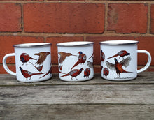 Load image into Gallery viewer, Pheasants enamel mug by Alice Draws The Line, cock pheasants and hen pheasant in different poses.