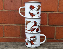 Load image into Gallery viewer, Pheasants enamel mug by Alice Draws The Line, cock pheasants and hen pheasant in different poses.