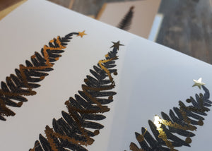Printed bracken and gold foil Christmas cards by Alice Draws the Line, fern Christmas card gold details