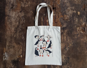 Puffins tote bag by Alice Draws the Line, puffin bag for life
