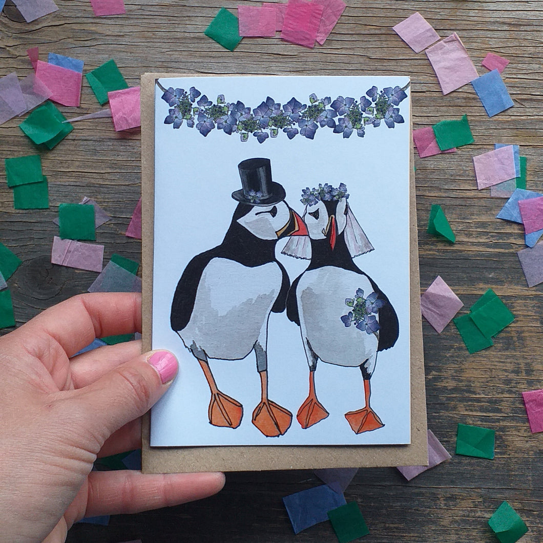 Puffin wedding card by Alice Draws the Line, seaside wedding card, puffin card