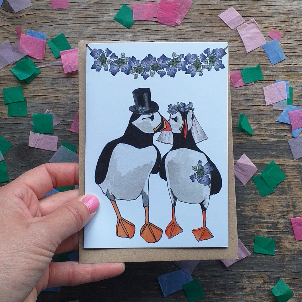 Puffin wedding card by Alice Draws the Line, seaside wedding card, puffin card
