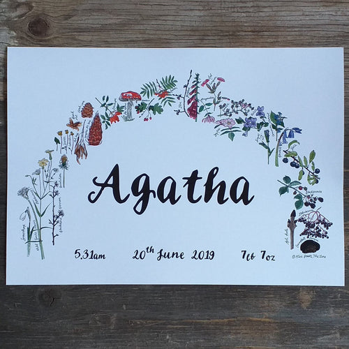 Botanical Rainbow name print by Alice Draws the Line, Birth print, christening print