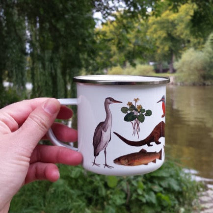 River species enamel mug by Alice Draws the Line, otter, heron, kingfisher mug