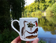 Load image into Gallery viewer, River mug by Alice Draws The Line, River Species china mug featuring trout, pike, otter and kingfisher