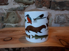 Load image into Gallery viewer, River mug by Alice Draws The Line, River Species china mug featuring trout, pike, otter and kingfisher