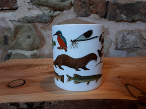 River mug by Alice Draws The Line, River Species china mug featuring trout, pike, otter and kingfisher