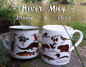 River mug by Alice Draws The Line, River Species china mug featuring trout, pike, otter and kingfisher