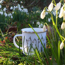 Load image into Gallery viewer, Snowdrop enamel mug by Alice Draws The Line, illustrated mug with snowdrops