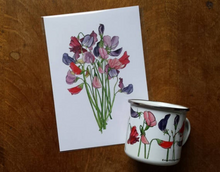 Load image into Gallery viewer, Sweet Peas bouquet art print by Alice Draws The Line, A5 botanical print on recycled card