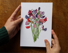 Load image into Gallery viewer, Sweet Pea bouquet art print by Alice Draws The Line, A5 botanical print on recycled card