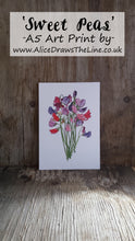 Load image into Gallery viewer, Sweet Pea art print by Alice Draws The Line, A5 botanical print on recycled card