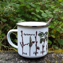 Load image into Gallery viewer, Twig identification mug by Alice Draws the Line, Tree ID enamel mug, Forest School mug, 